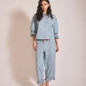 Front portrait of model wearing TBCo Cropped Cotton Pyjamas in Blue Lattice in gallery position 1, portrait 1442x2048.