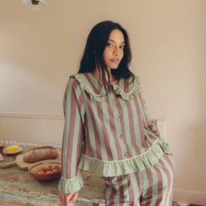 Cotton Pyjamas in Sage & Brown Stripe