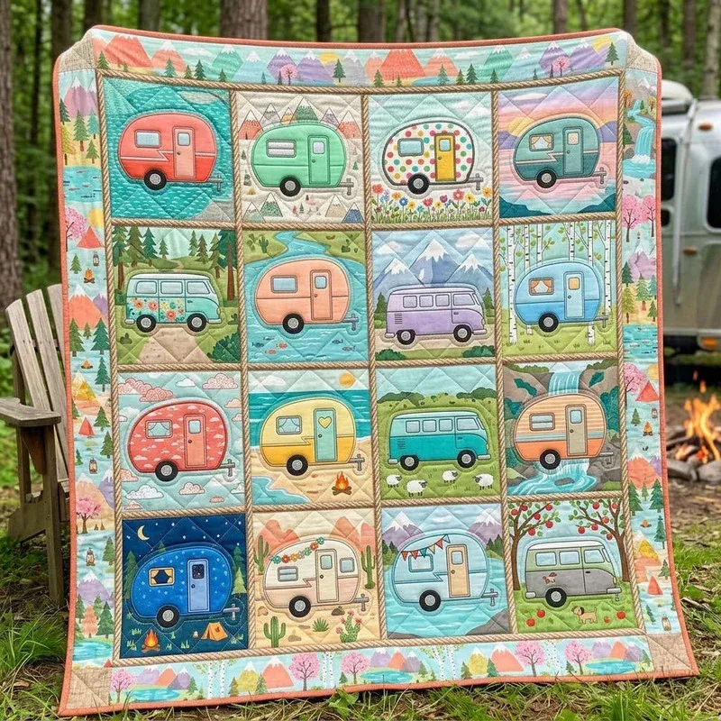 Pastel Camper Journey Bamboo Quilt Blanket
