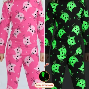 Glow In The Dark Pink Kitty Heart Toss Bamboo Two Piece Long Sleeve Pajama Set