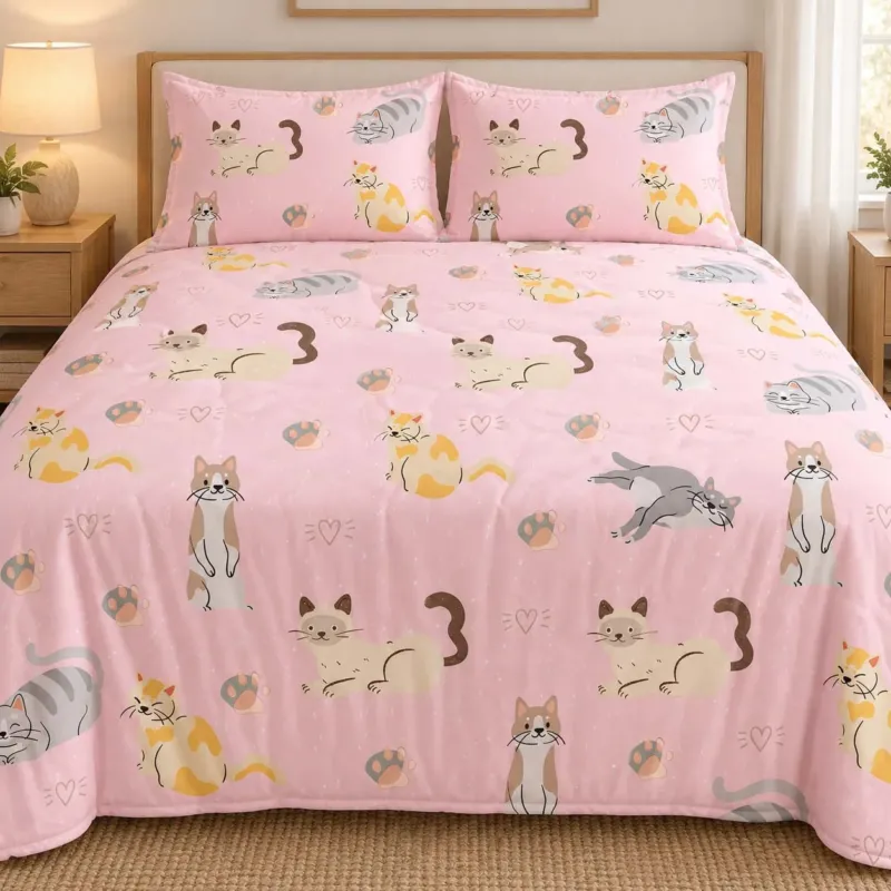 Pink Happy Cats Bamboo Bedding Set