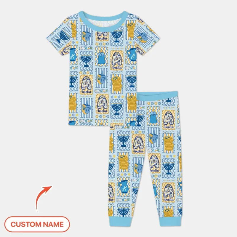 Custom Name Hanukkah Wonderland Bamboo Two Piece Short Sleeve Pajama Set