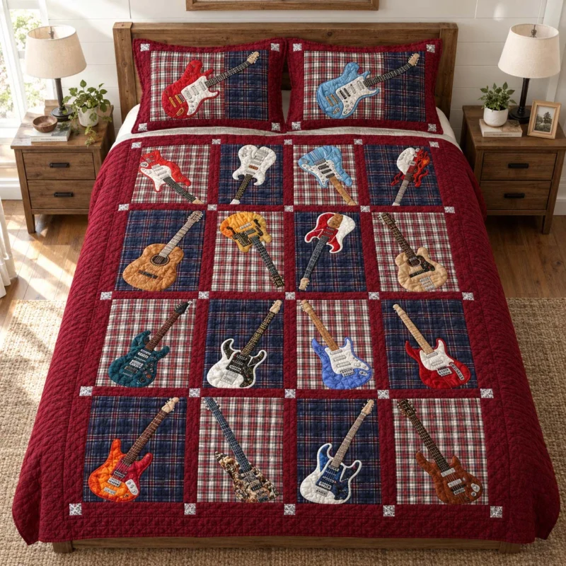 Plaid Guitar Collection Bamboo Quilt Bedding Set