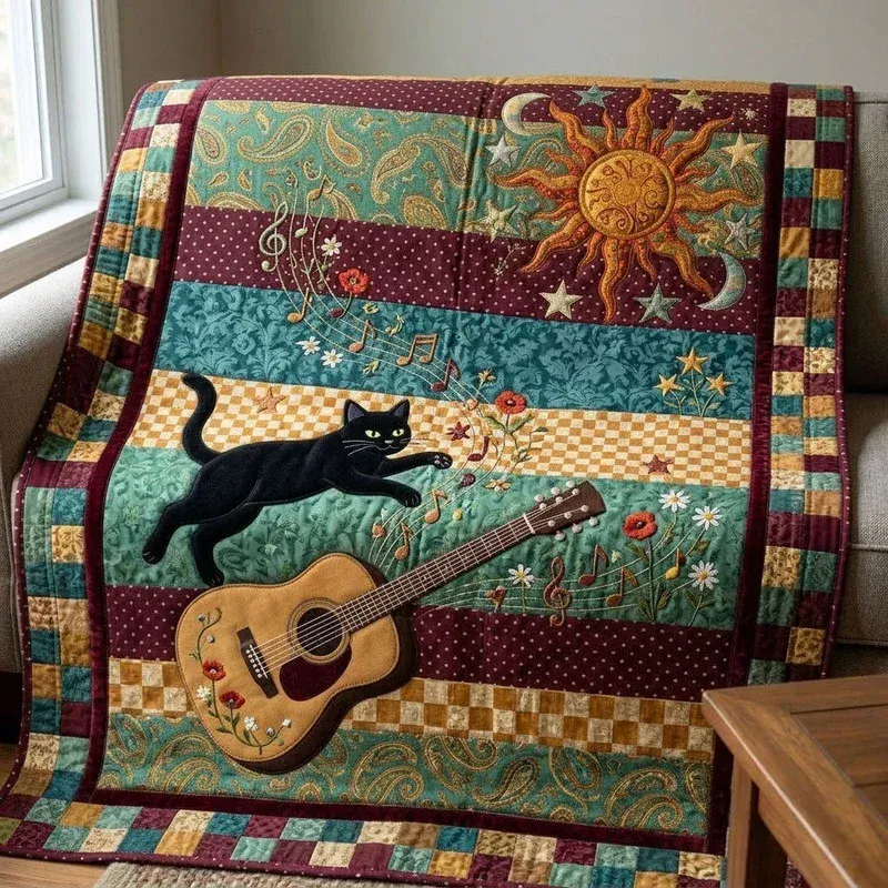 Playful Melodic Whiskers Bamboo Quilt Blanket