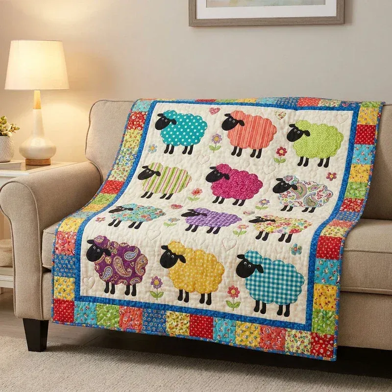 Rainbow Sheep Rows Bamboo Quilt Blanket