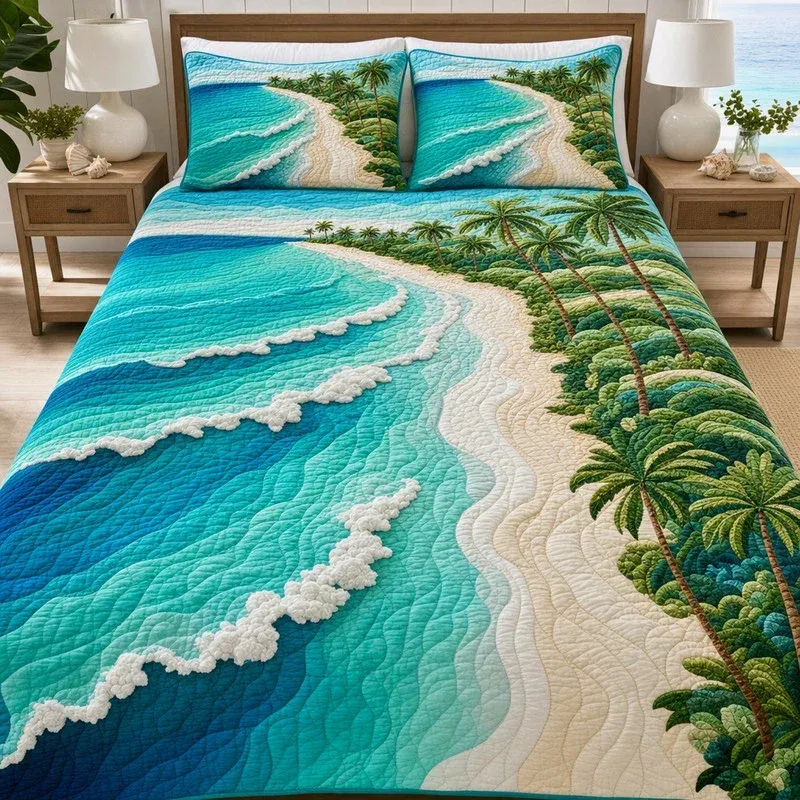 Sandy Beach Coastal Bamboo Quilt Bedding Set