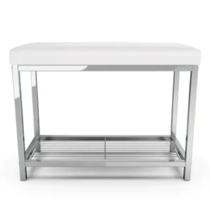 Moderna Vegan White Leather Vanity Bench with Chrome Base