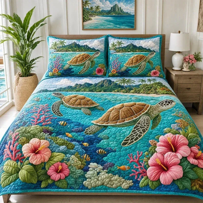 Sea Turtle Tropical Bamboo Quilt Bedding Set