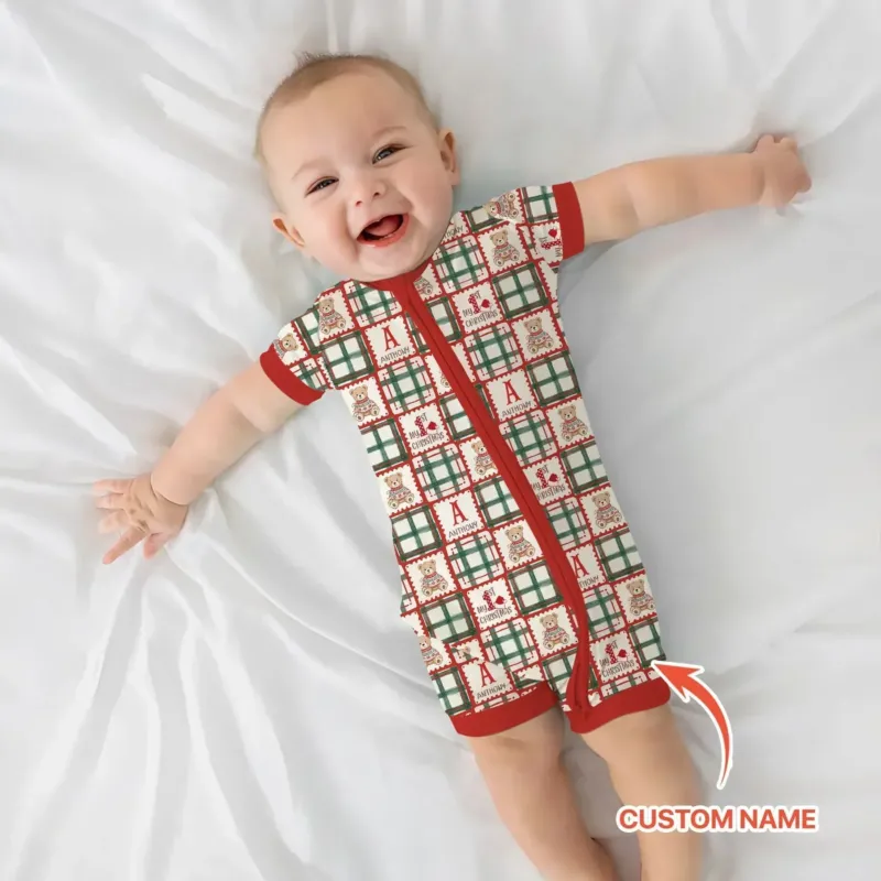 Custom Name Teddy Bear Gingham My 1st Christmas Bamboo Shorty Zippy