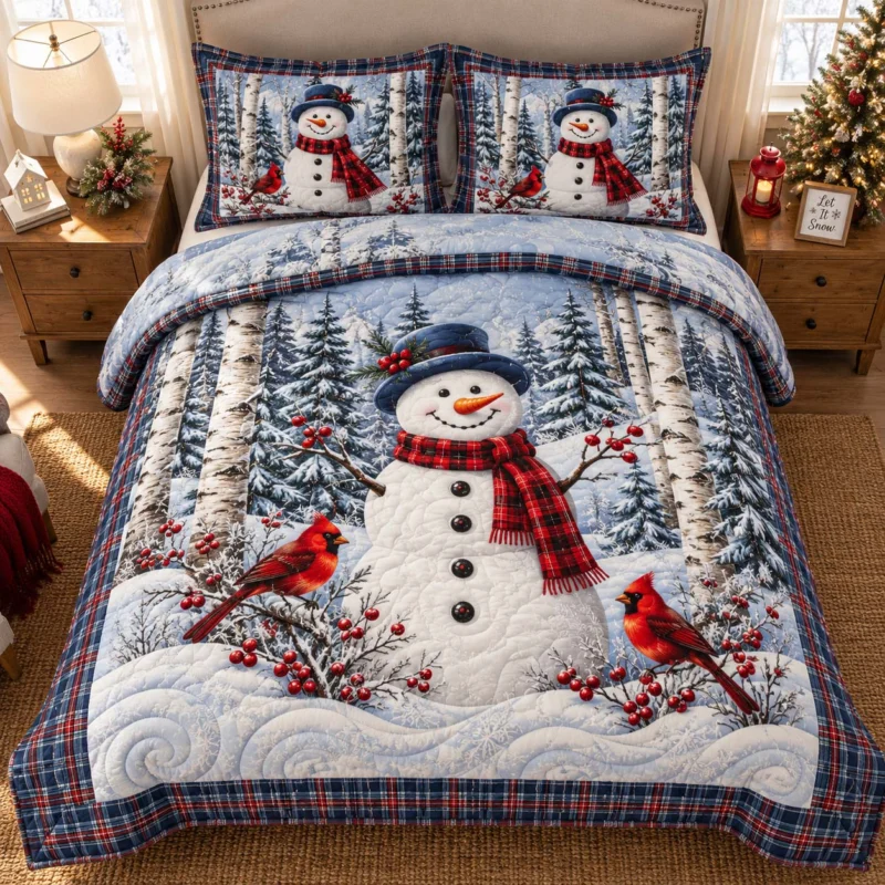 Snowman Cardinal Winter Forest Bamboo Quilt Bedding Set