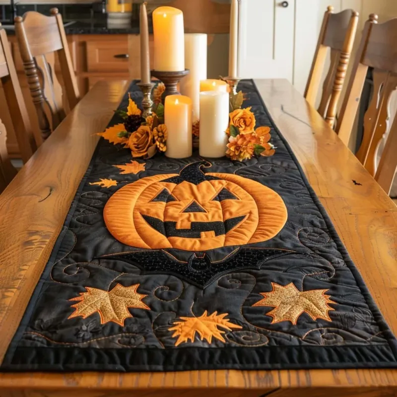Spooky Pumpkin Bat Quilt Table Runner