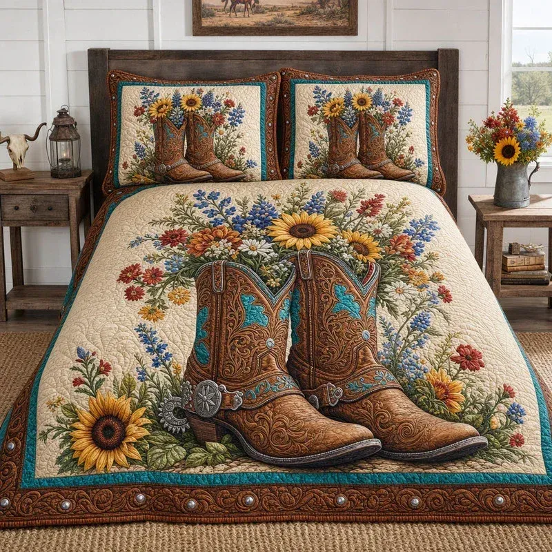 Sunflower Western Boot Bamboo Quilt Bedding Set