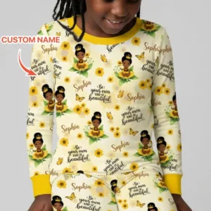 Custom Name Sunflower Queen Bamboo Two Piece Long Sleeve Pajama Set
