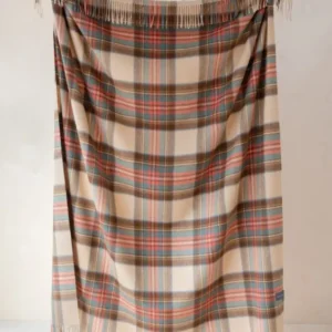 TBCo Stewart Dress Antique Tartan Lambswool Blanket with fringed edges, displayed hanging against white background
