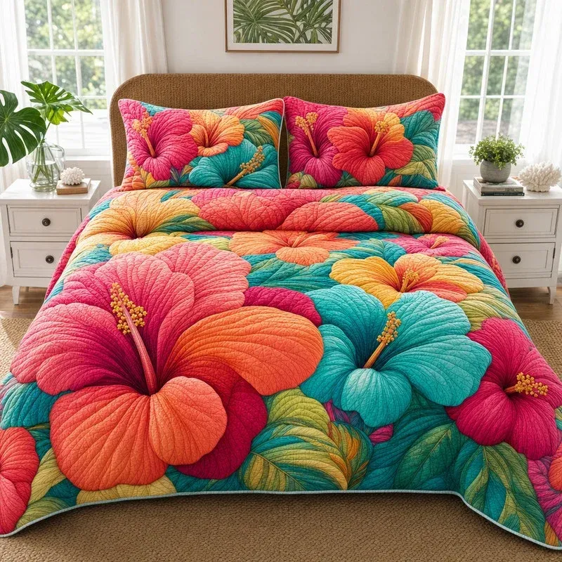 Vibrant Petal Tropical Bamboo Quilt Bedding Set