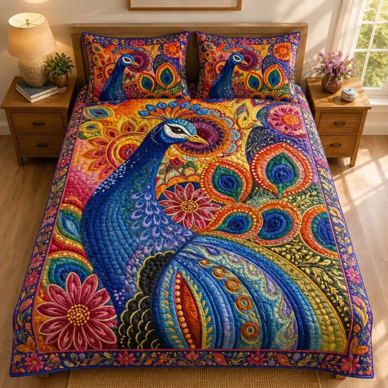 Vibrant Folk Art Peacock Bamboo Quilt Bedding Set
