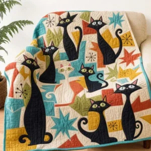 Whimsical Black Cat Bamboo Quilt Blanket