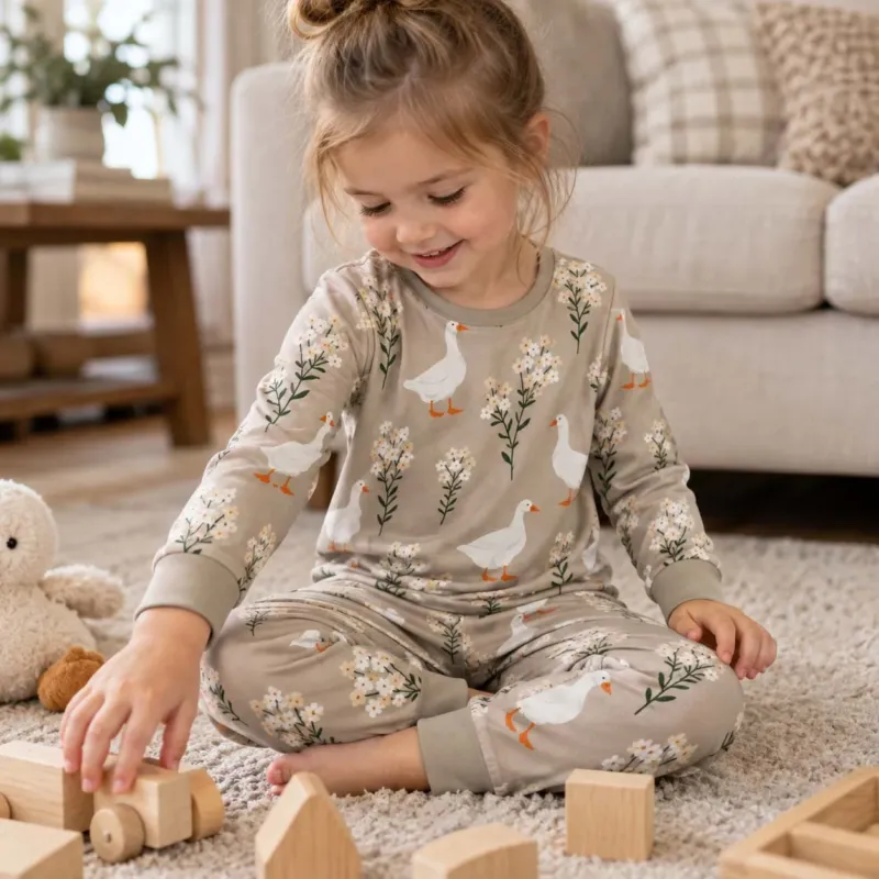 White Ducks and Daisies Bamboo Two Piece Long Sleeve Pajama Set