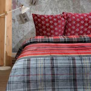 One Home Winter Bettwäsche Teddy Plüsch Schneeflocke grau rot Nicki Fleece Flauschig Warm 240x220 cm
