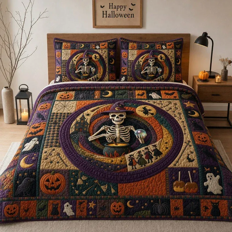 Witchy Skeleton Swirl Bamboo Quilt Bedding Set