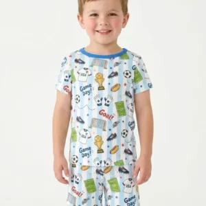 Striped Soccer Game Day Family Matching Bamboo Two Piece Short Sleeve Shorts Pajama Set