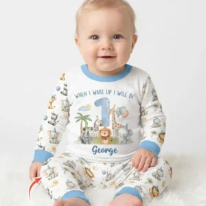 Custom Name Safari Animals When I Wake Up I Will Be Birthday Bamboo Two Piece Long Sleeve Pajama Set