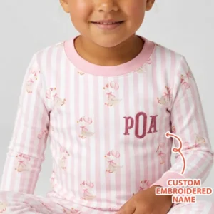 Custom Name Embroidered Birthday Girl Bamboo Two Piece Long Sleeve Pajama Set