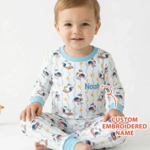 Personalized Embroidered Summer Seagull Baby Bamboo Two Piece Long Sleeve Pajama Set