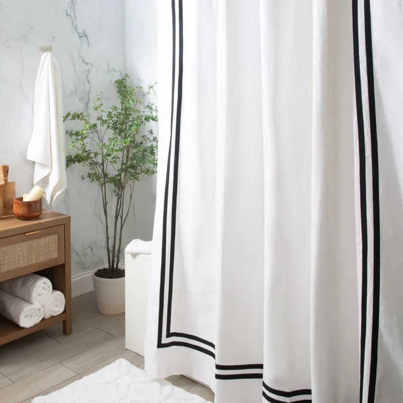 Hotel Black Bordered 100% Cotton Shower Curtain