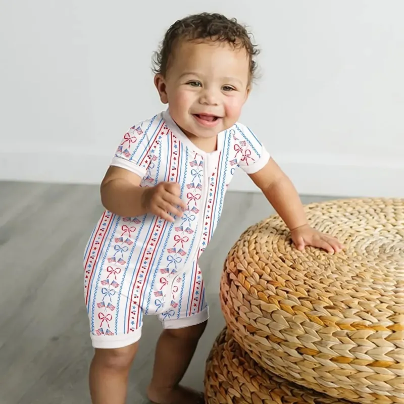 Bow and Flag Shorty Zippered Romper , Bow and Flag Shorty Zippered Romper - Newborn