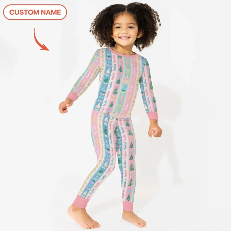 Candy Ribbon Christmas Custom Name Two Piece Long Sleeve Pajama Set , Candy Ribbon Christmas Custom Name Two Piece Long Sleeve Pajama Set - 12-18M