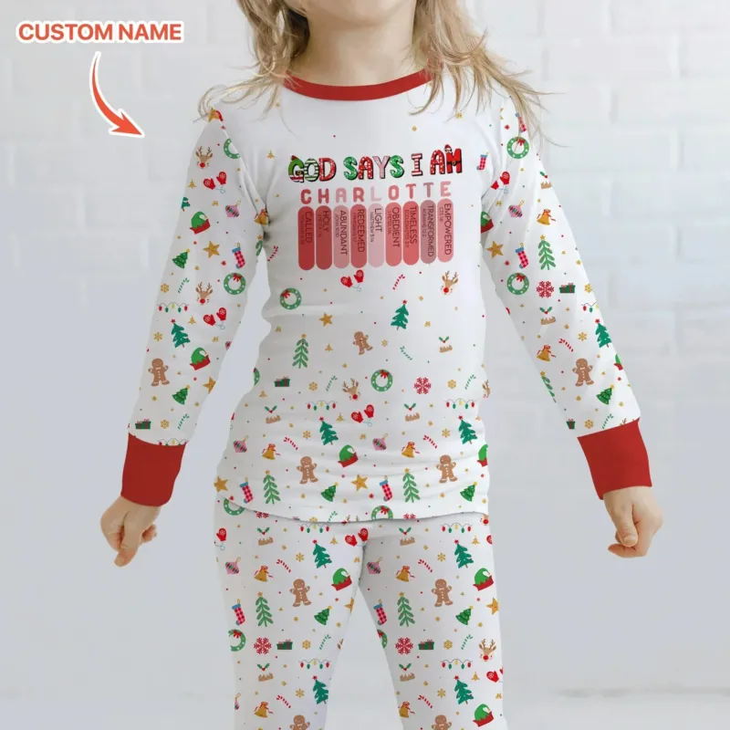 Christmas Blessings God Says I Am Custom Name Two Piece Long Sleeve Pajama Set , Christmas Blessings God Says I Am Custom Name Two Piece Long Sleeve Pajama Set - 12-18M