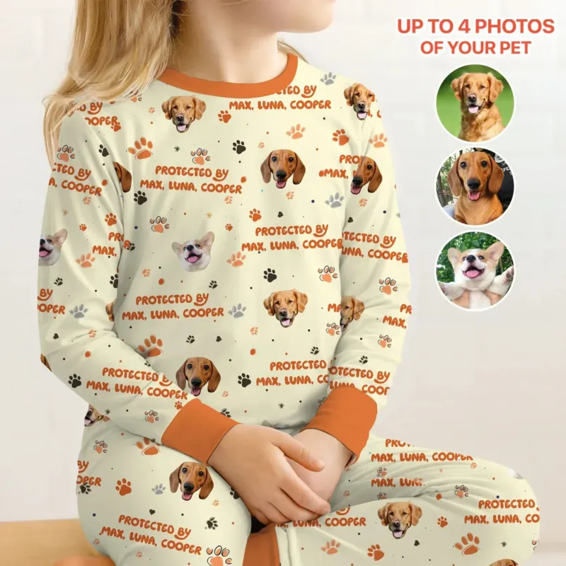 Custom Dog Photos "Protected By" Pawfect Yellow Two Piece Long Sleeve Pajama Set , Custom Dog Photos "Protected By" Pawfect Yellow Two Piece Long Sleeve Pajama Set - 12-18M