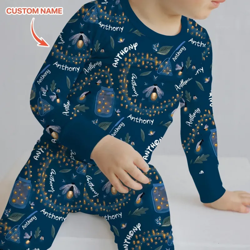 Custom Name Catching Fireflies Two Piece Long Sleeve Pajama Set , Custom Name Catching Fireflies Two Piece Long Sleeve Pajama Set - 12-18M