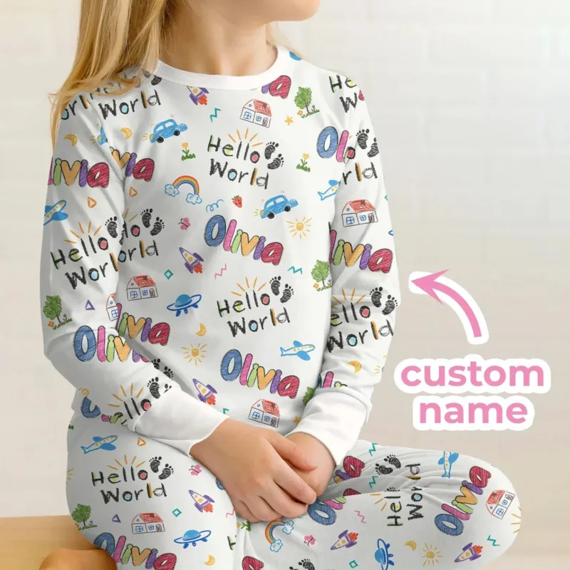 Custom name "Hello World" - Crayon Style Long Sleeve Pajama Set , Custom name "Hello World" - Crayon Style Long Sleeve Pajama Set - 12-18M
