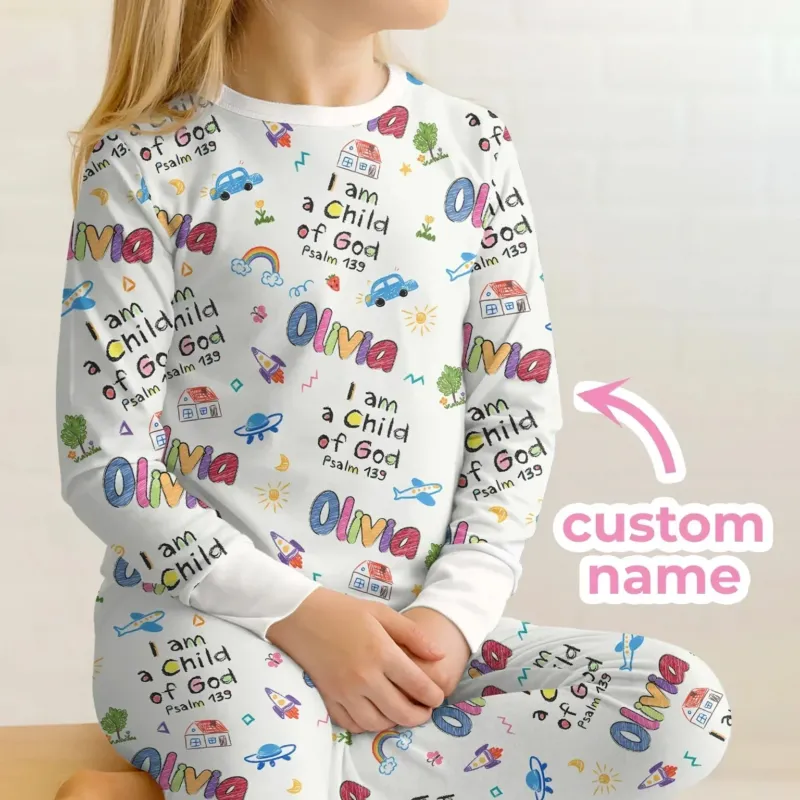 Custom name "I am a Child of God" - Crayon Style Long Sleeve Pajama Set , Custom name "I am a Child of God" - Crayon Style Long Sleeve Pajama Set - 12-18M