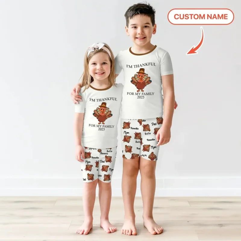 Custom Name Thanksgiving Family Matching Two Piece Short Sleeve Shorts Pajama Set , Custom Name Thanksgiving Family Matching Two Piece Short Sleeve Shorts Pajama Set - 12-18M