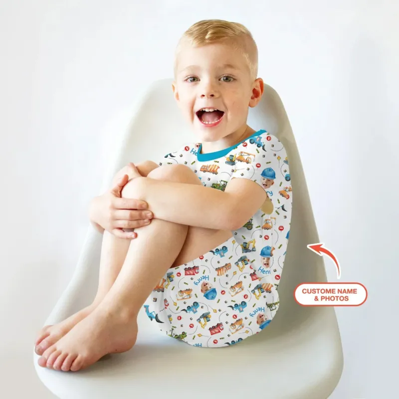 Custom Photo Little Construction Heroes Two Piece Short Sleeve Shorts Pajama Set , Custom Photo Little Construction Heroes Two Piece Short Sleeve Shorts Pajama Set - 12-18M