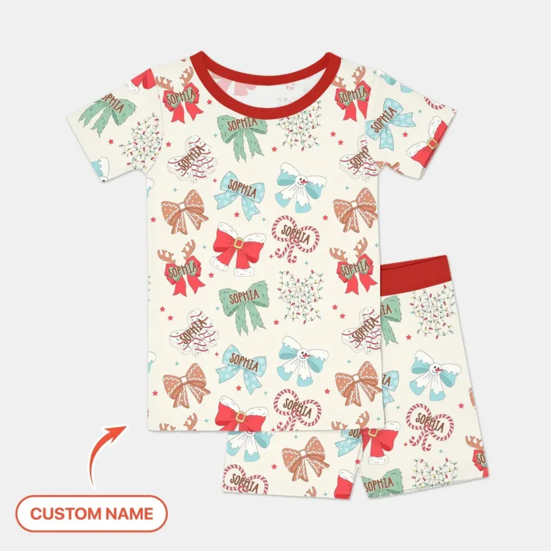 Custom Retro Bowl Christmas Two Piece Short Sleeve Shorts Pajama Set , Custom Retro Bowl Christmas Two Piece Short Sleeve Shorts Pajama Set - 12-18M