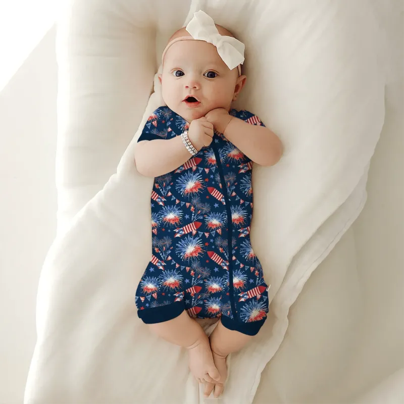 Firework Shorty Zippered Romper , Firework Shorty Zippered Romper - Newborn