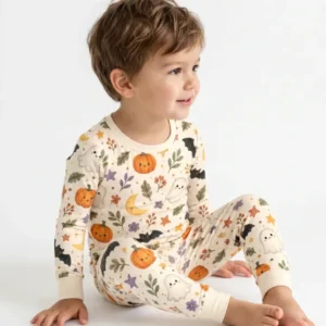 Cute Ghost Pumpkin Moon Garden Bamboo Two Piece Long Sleeve Pajama Set