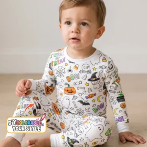 Trick or Treat Halloween Doodles Colorable Bamboo Two Piece Long Sleeve Pajama Set