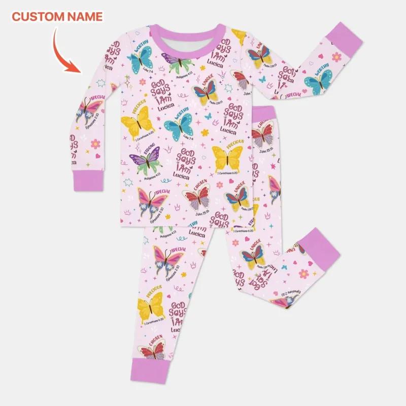 God Says I Am Custom Name Girl Two Piece Long Sleeve Pajama Set , God Says I Am Custom Name Girl Two Piece Long Sleeve Pajama Set - 12-18M