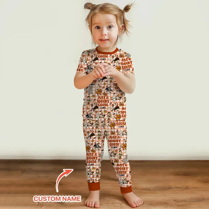 Just A Spooky Goose Custom Name Girl Version Two Piece Short Sleeve Pajama Set , Just A Spooky Goose Custom Name Girl Version Two Piece Short Sleeve Pajama Set - 12-18M