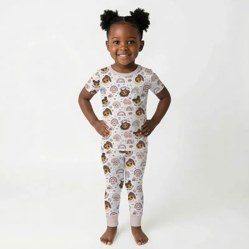 Afro African American Girl Bamboo Two Piece Short Sleeve Pajama Set