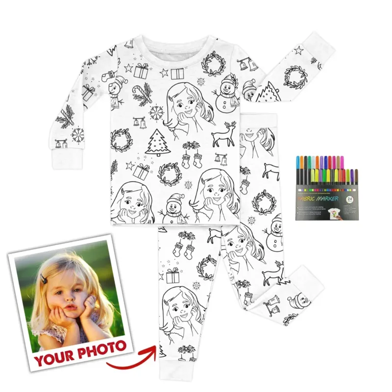 Christmas custom photo Colorable Two Piece Pajama Set , Christmas custom photo Colorable Two Piece Pajama Set - 3T