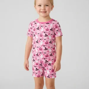 Cute Pink Halloween Ghost Pumpkin Witch Bamboo Two Piece Short Sleeve Shorts Pajama Set