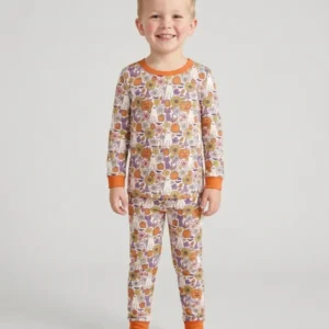 Ghost Pumpkin Fall Floral Halloween Bamboo Two Piece Long Sleeve Pajama Set