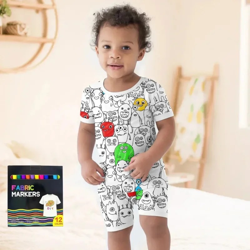 Monster Fun Colorable Halloween Two Piece Short Sleeve Shorts Pajama Set , Monster Fun Colorable Halloween Two Piece Short Sleeve Shorts Pajama Set - 3T