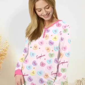 Custom Name Colorful Candy Hearts Family Matching Bamboo Women Pajama Set